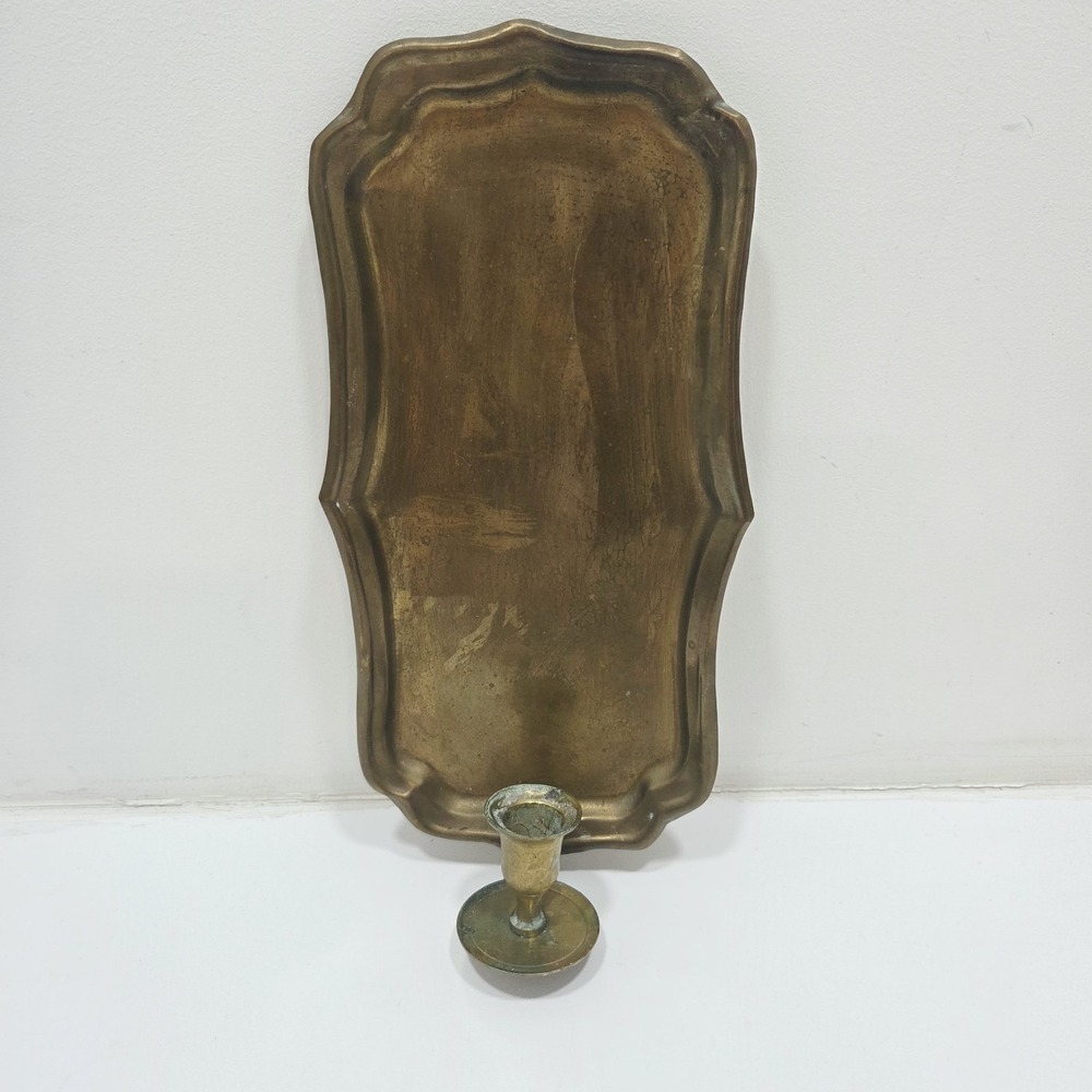Vintage Solid Brass Wall Sconce Candle Holder Reflective Plate (Tarnished)